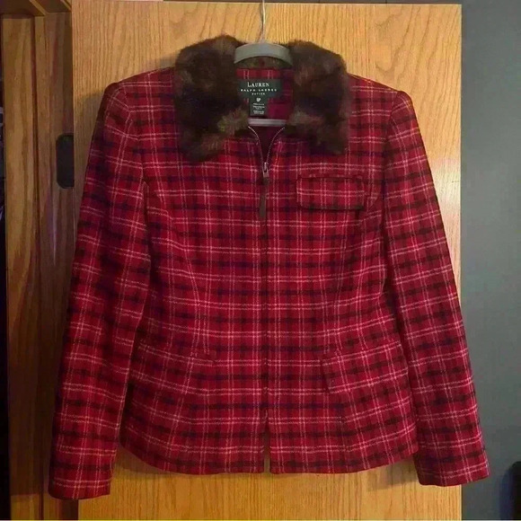 Vintage lauren ralph lauren red plaid faux fur collar jacket women's 8P - Picture 3 of 12